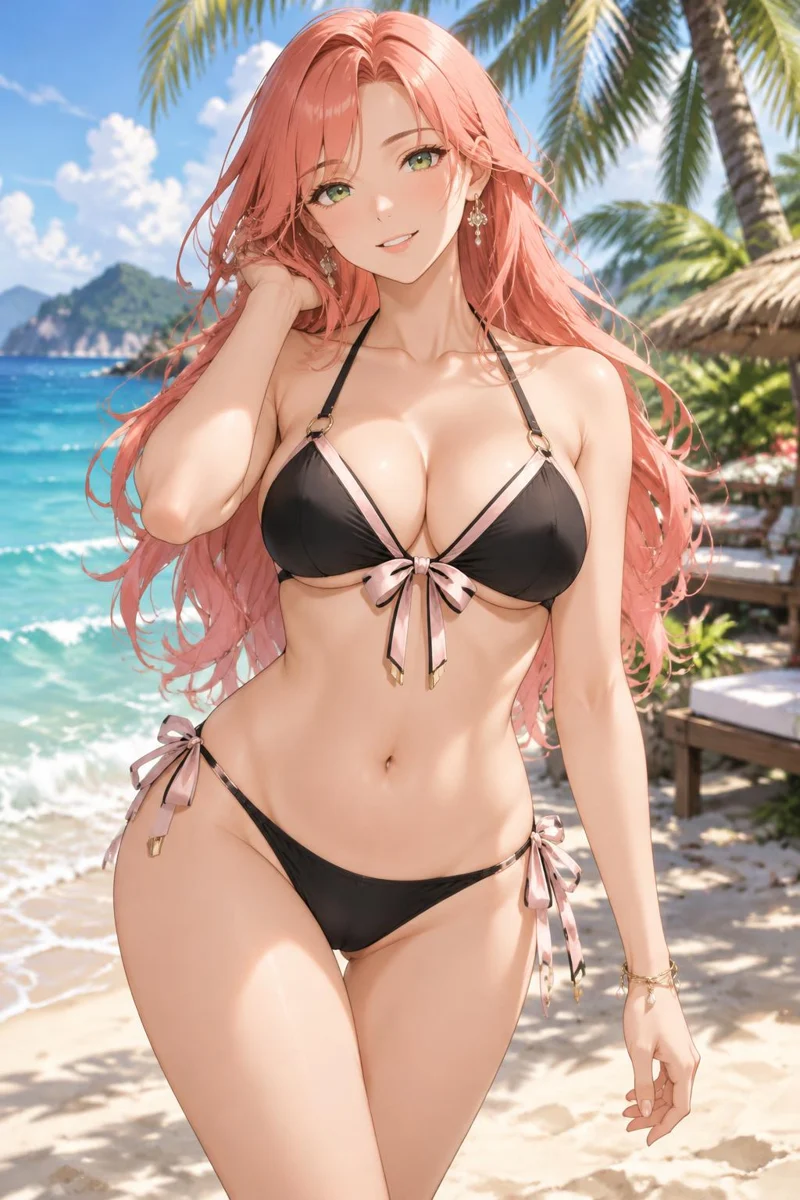 Aria, a fictional adult anime woman on a tropical coast