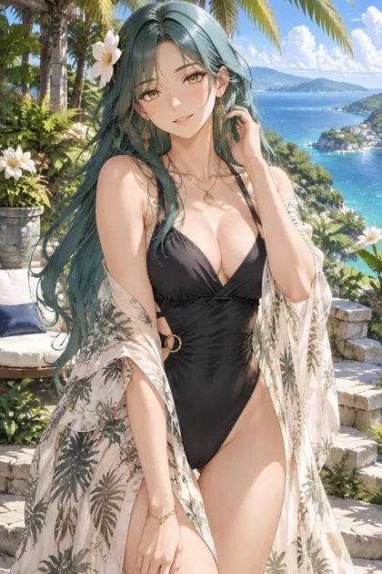 Sora, an adult anime companion by the tropical sea